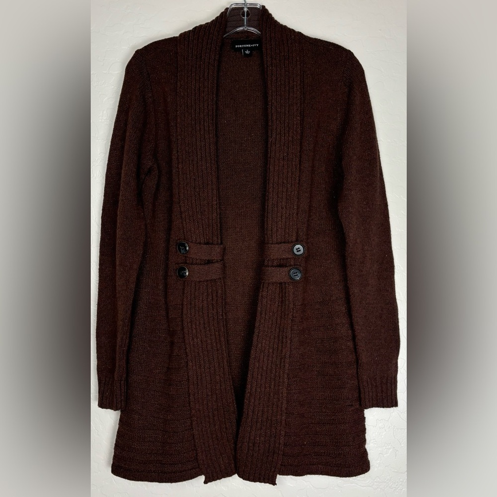 NEW Fortune + Ivy Raiden Metallic Brown Shawl Collar Cardigan S 0590